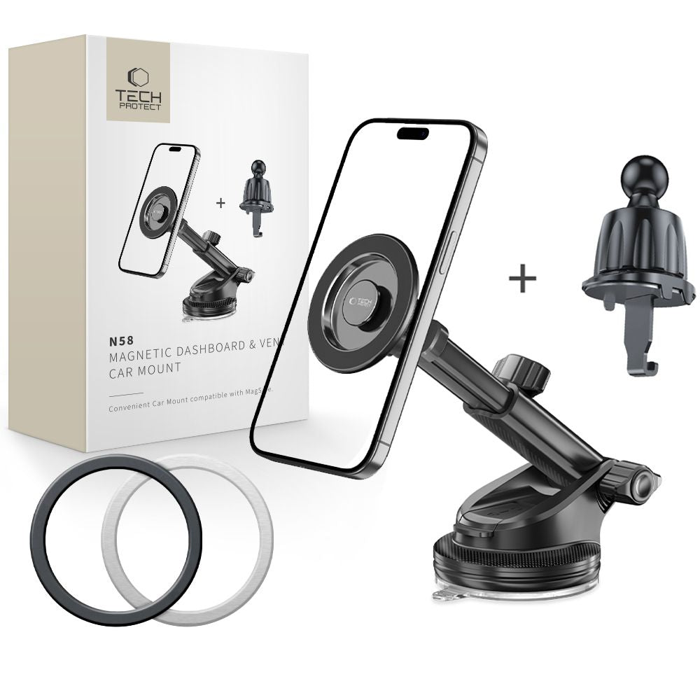 „Tech-Protect N58“ magnetinis „MagSafe“ automobilio laikiklis, skirtas kabinos, priekinio stiklo arba oro išleidimo angos tvirtinimui – juodas