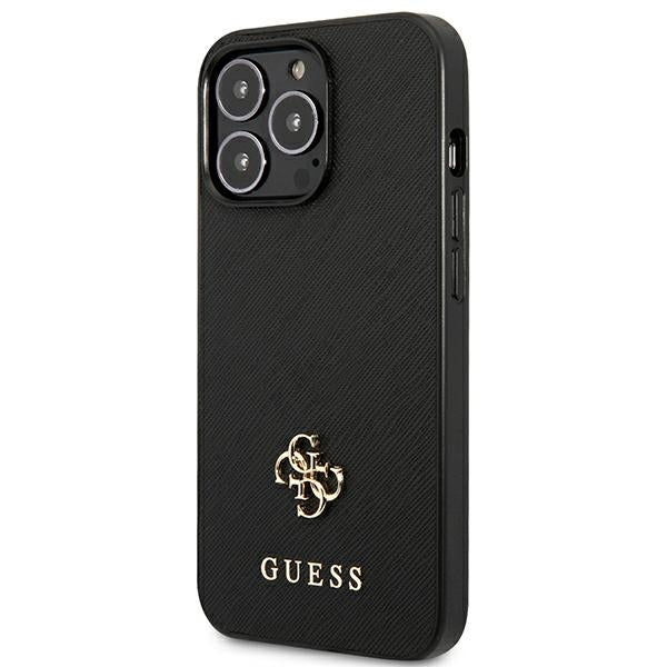 „Guess Saffiano 4G“ mažas metalinis logotipo dėklas, skirtas „iPhone 13 Pro / 13 6.1“ – juodas 