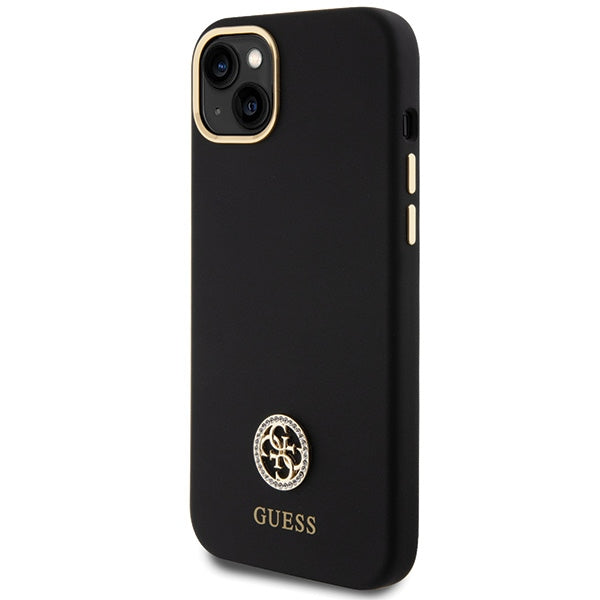„Guess“ silikoninis „Logo Strass 4G“ dėklas, skirtas „iPhone 15 Plus / 14 Plus 6.7“ – juodas