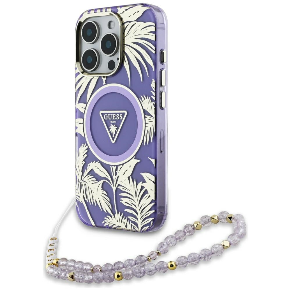 Guess Palm Trees Triangle Pearl Strap MagSafe case for iPhone 16 Pro