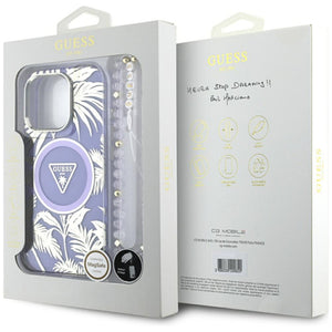 Guess Palm Trees Triangle Pearl Strap MagSafe Case for iPhone 16 Pro Purple