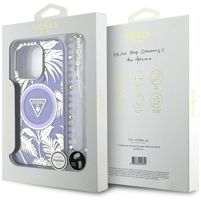 Guess Palm Trees Triangle Pearl Strap MagSafe Case for iPhone 16 Pro Max Purple