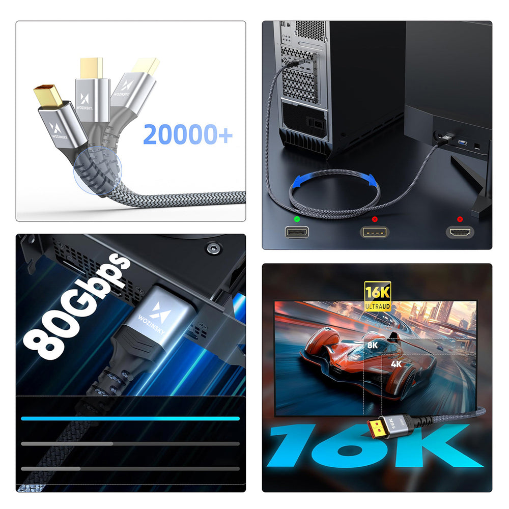Wozinsky WPS-16AYL1S DisplayPort 2.1 Cable 80Gb/s 16K@60Hz 8K@120Hz 4K@240Hz HDR HDCP DSC 1m - Black