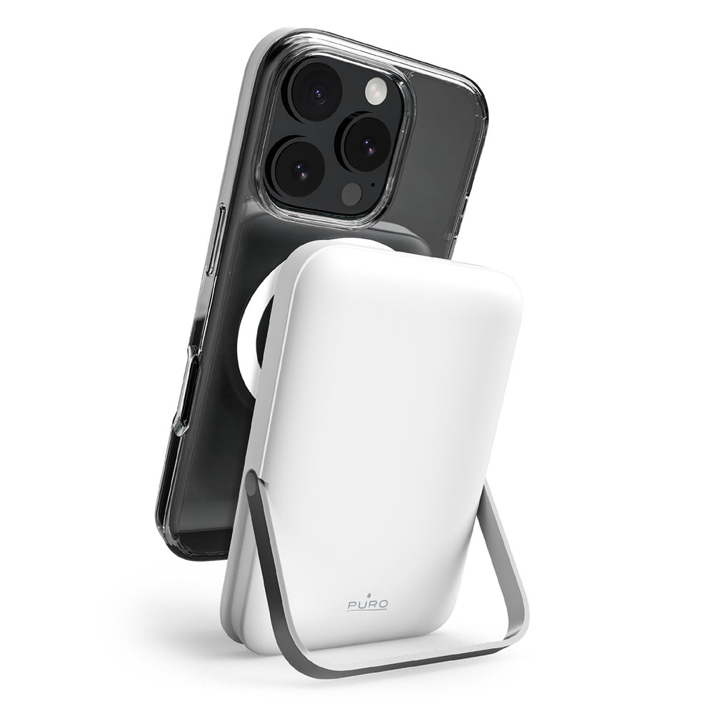 „Puro 10000mAh MagSafe“ belaidis įkroviklis su aliuminio stovu – baltas