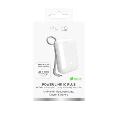 Puro Power Link 10 Plus 10000mAh Power Bank with Built-in USB-C Cable – White