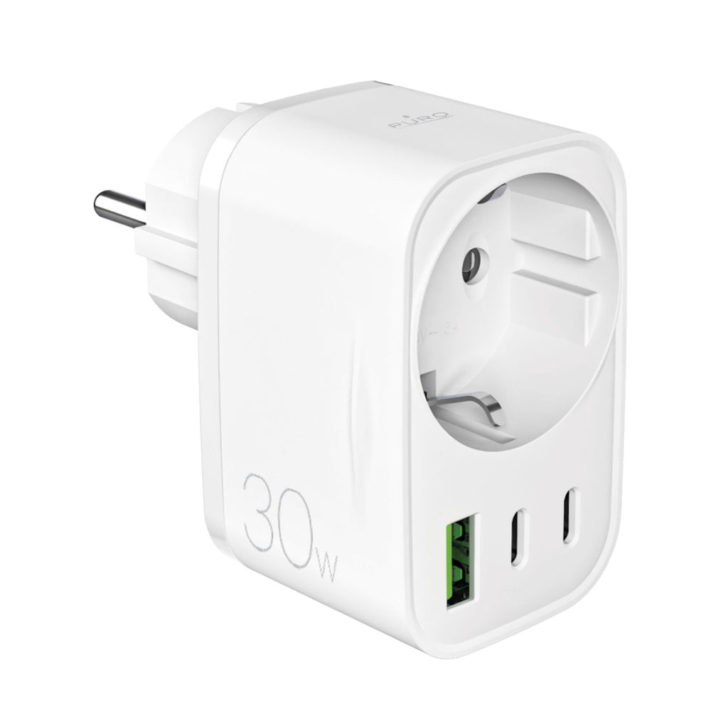 „Puro“ 30 W maitinimo įkroviklis su „Schuko“ kištuku ir lizdu, 2x USB-C + 1x USB-A, baltas