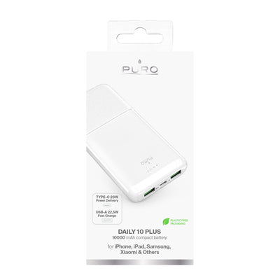 Powerbank Puro DAILY 10 PLUS 10000mAh 2x USBA / 1x USB-C 22.5W - white