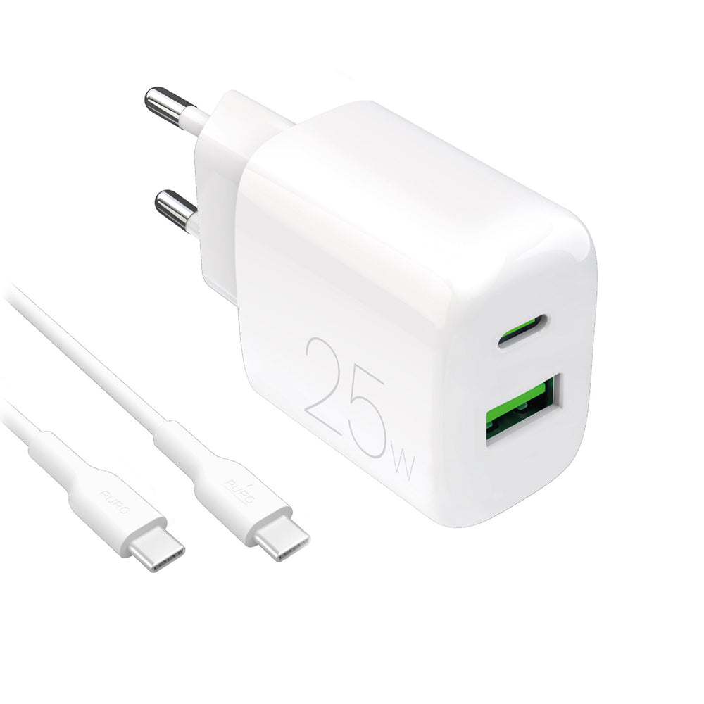 „Puro PROLITE“ 25 W USB-A / USB-C sieninis įkroviklis + USB-C – USB-C laidas 1,2 m – baltas
