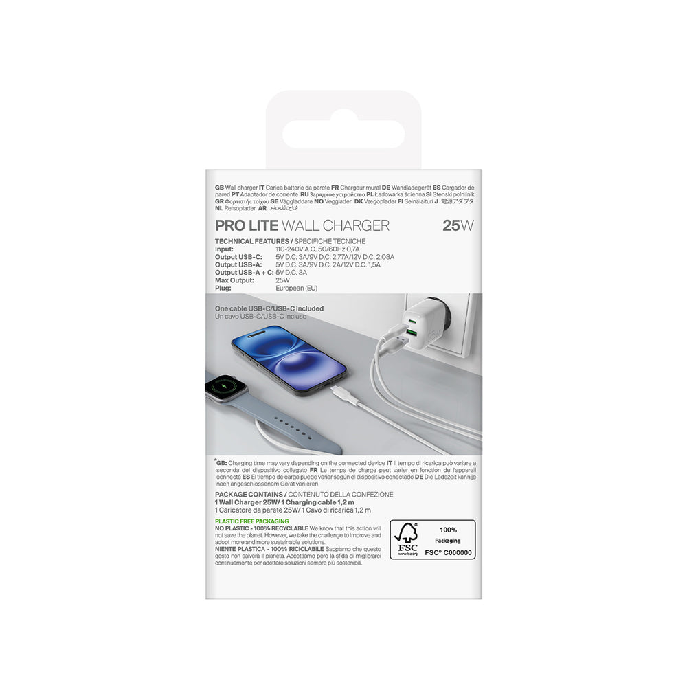 „Puro PROLITE“ 25 W USB-A / USB-C sieninis įkroviklis + USB-C – USB-C laidas 1,2 m – baltas