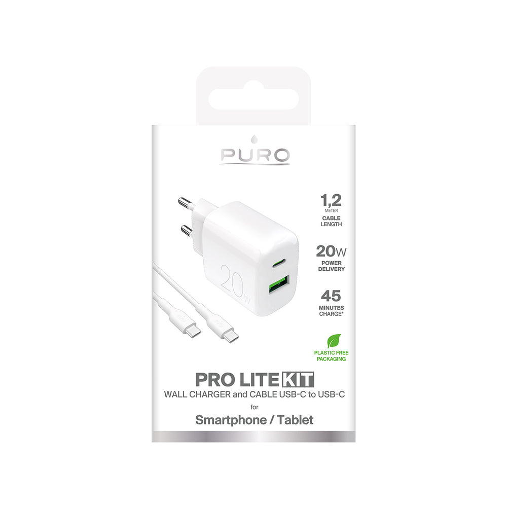 „Puro PROLITE“ 20 W USB-A / USB-C sieninis įkroviklis + USB-C – USB-C laidas 1,2 m – baltas