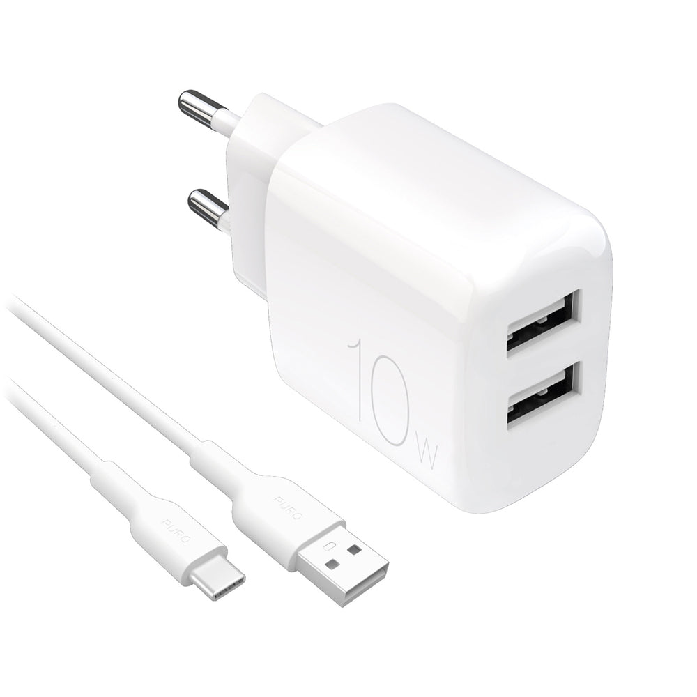 „Puro PROLITE“ 10 W 2 x USB-A sieninis įkroviklis + USB-A - USB-C laidas 1,2 m - baltas