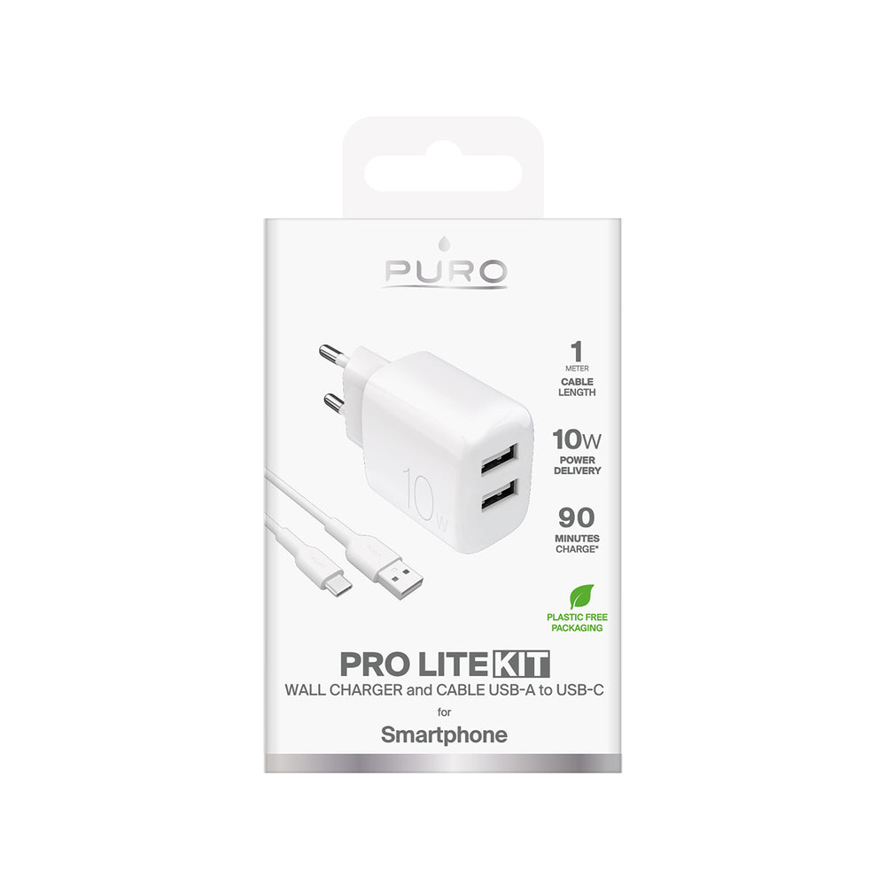 „Puro PROLITE“ 10 W 2 x USB-A sieninis įkroviklis + USB-A - USB-C laidas 1,2 m - baltas