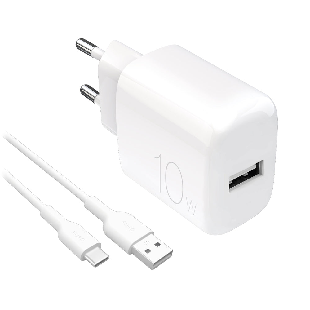 „Puro PROLITE“ 10 W USB-A sieninis įkroviklis + USB-A - USB-C laidas 1,2 m - baltas