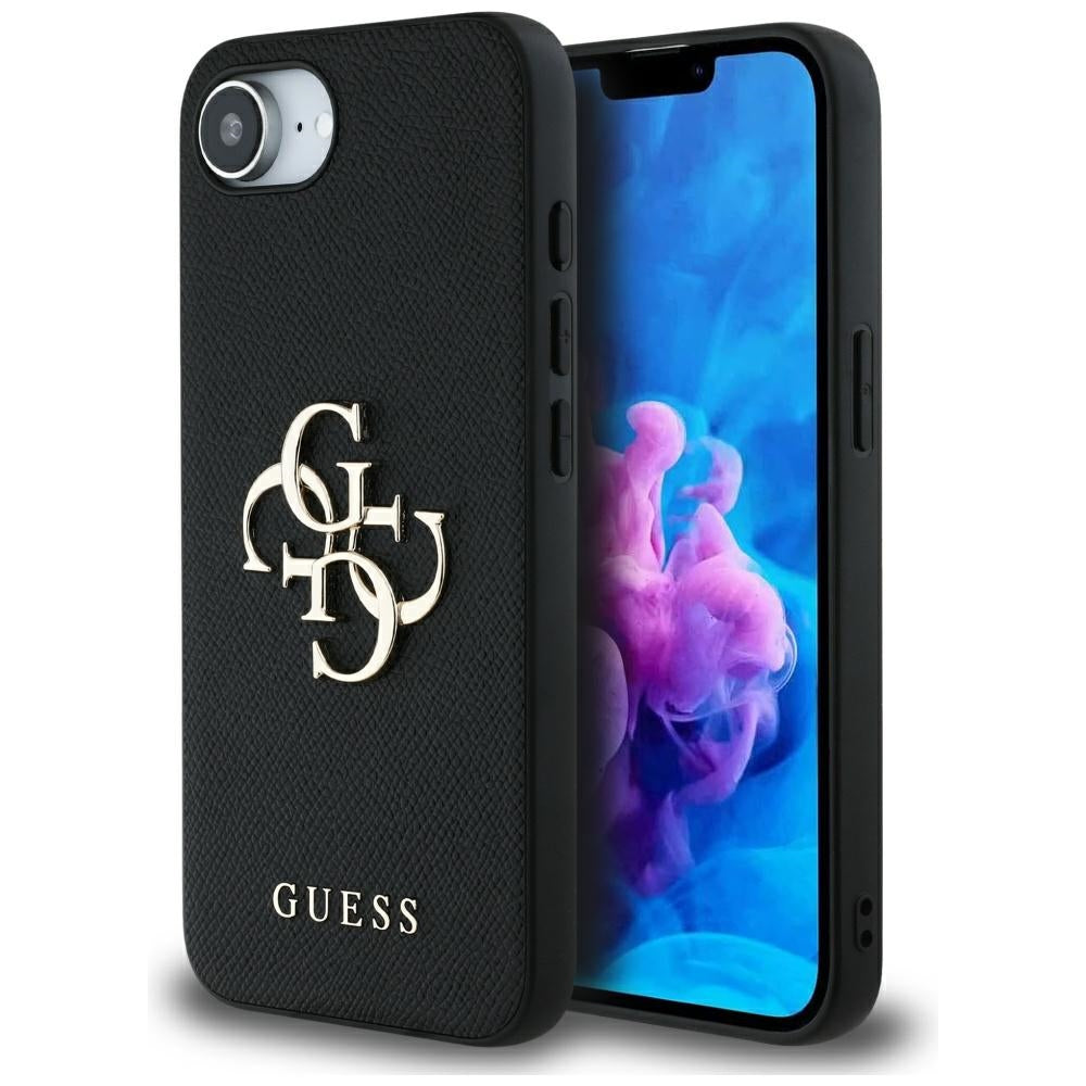 „Guess“ PU grūdėtas 4G metalinis logotipo dėklas, skirtas iPhone 16e - juodas