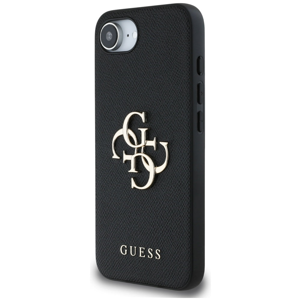 „Guess“ PU grūdėtas 4G metalinis logotipo dėklas, skirtas iPhone 16e - juodas
