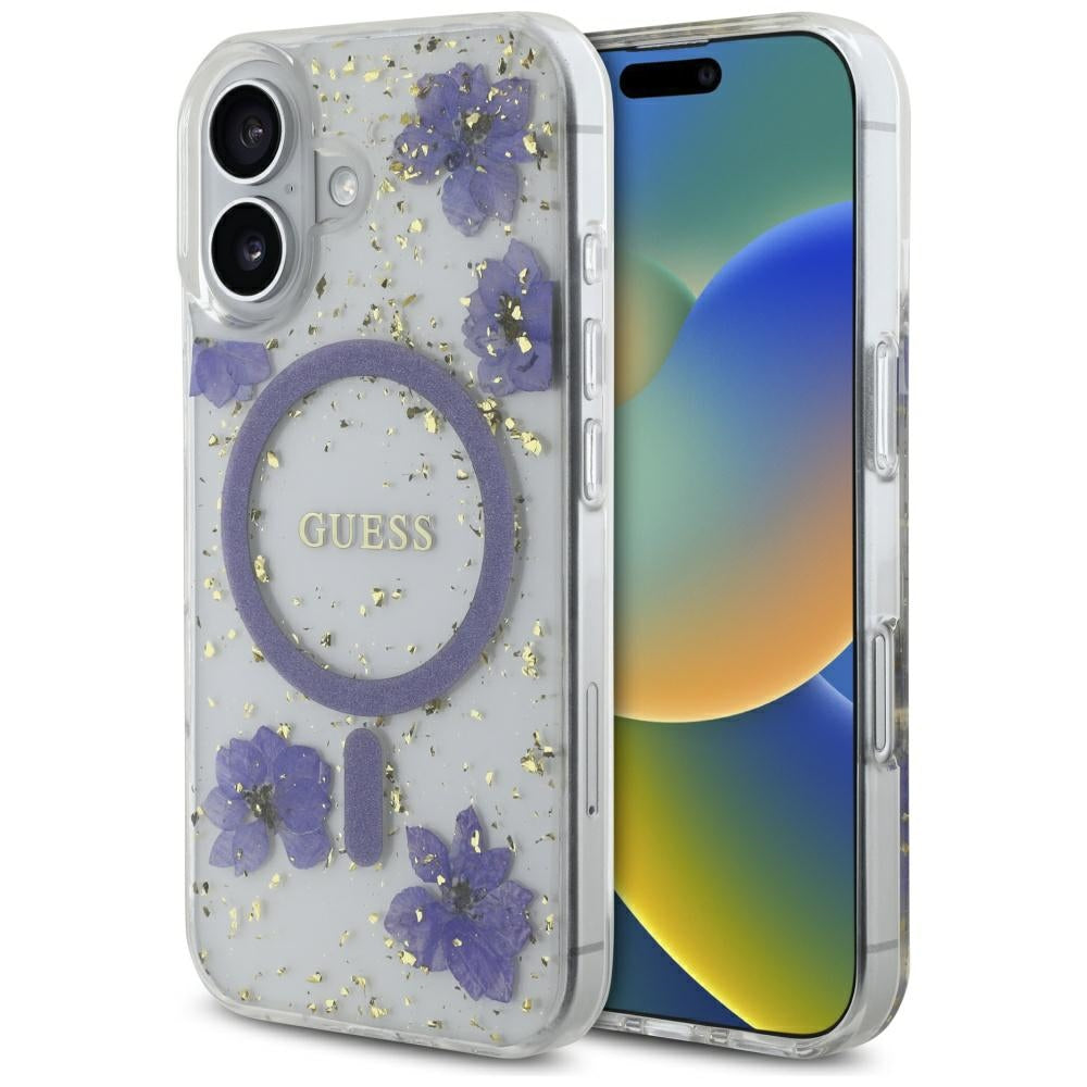 Guess Resin Flowers Glitter MagSafe case for iPhone 16 - purple