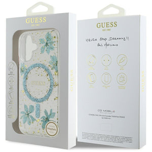 Guess Resin Flowers Glitter MagSafe iPhone 16 Case - Clear Green