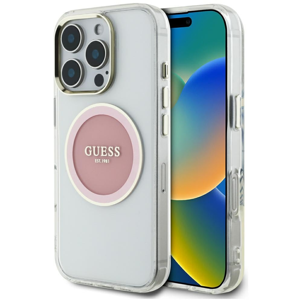 Guess IML Metal Colored Circle Classic Logo MagSafe iPhone 16 Pro Case - Pink