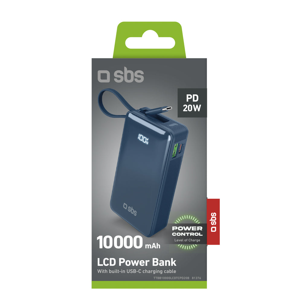 Powerbank SBS 10000 mAh 20W with built-in USB-C cable and digital display - dark gray