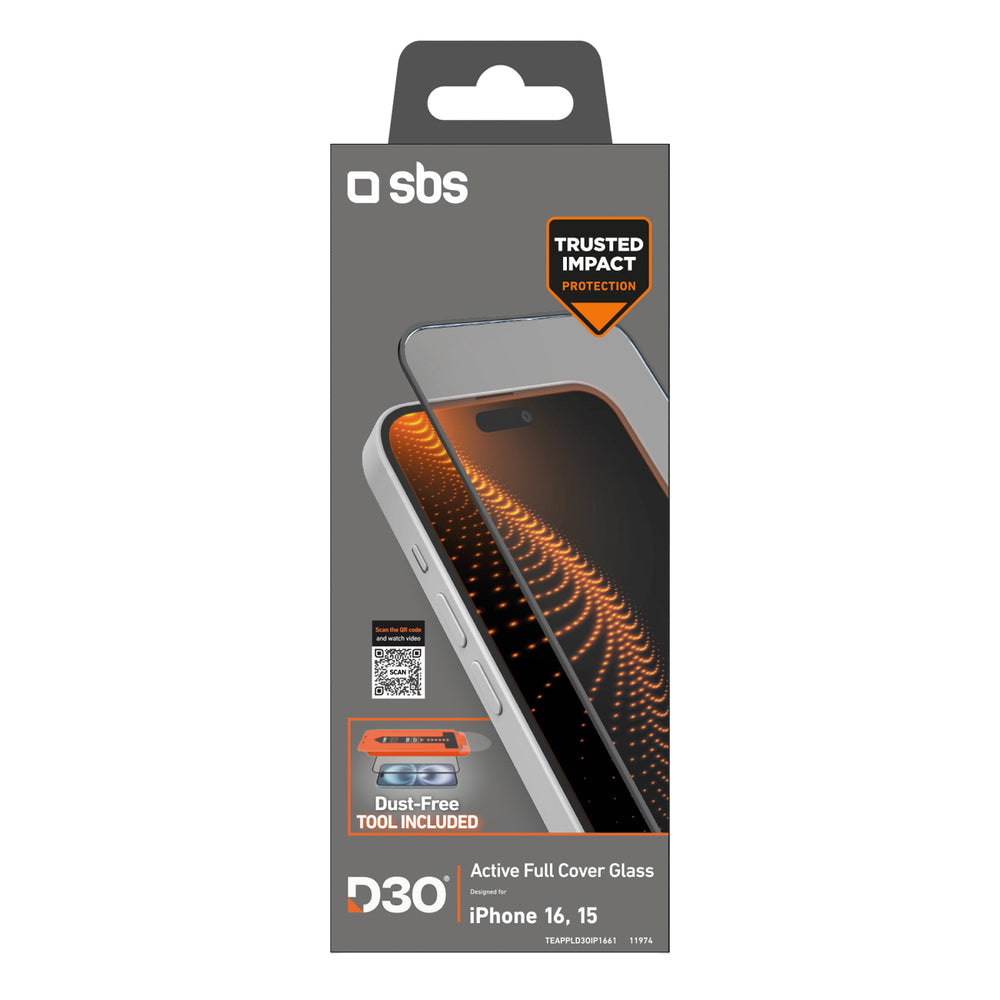 SBS tempered glass with D3O technology with applicator for iPhone 15 / iPhone 15 Pro / iPhone 16