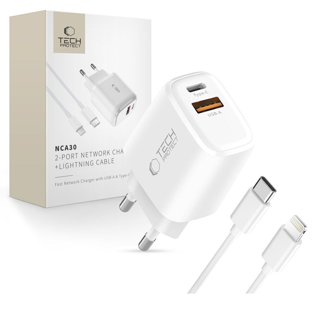 Tech-Protect NCA30 PD 30W QC3.0 USB-A / USB-C Wall Charger + USB-C / Lightning Cable 100cm - White