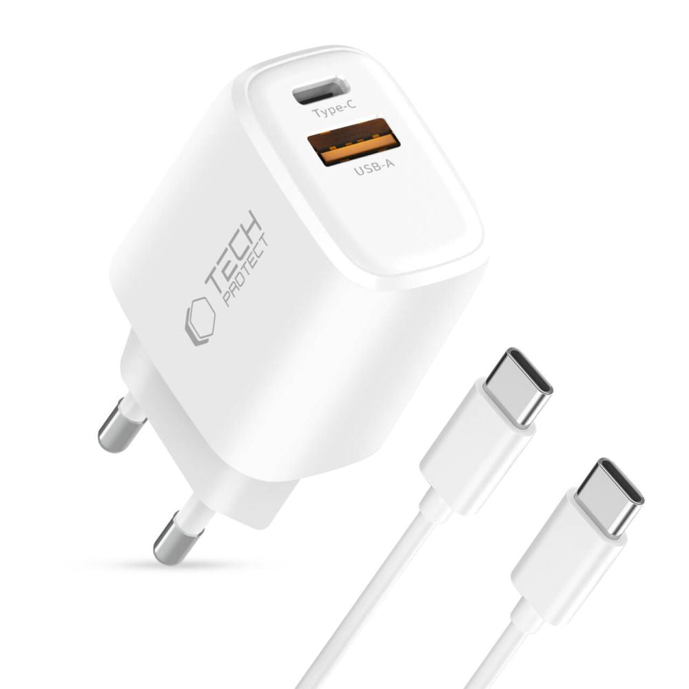 Tech-Protect NCA30 PD 30W QC3.0 USB-A / USB-C Wall Charger + USB-C / USB-C Cable 100cm - White