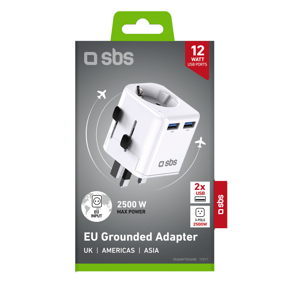 SBS universal travel adapter - EU 2xUSB-A - white