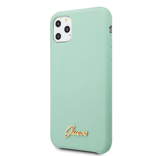 Guess GUHCN65LSLMGG iPhone 11 Pro Max žalias/žalias kietas silikoninis dėklas, auksinis, su logotipu