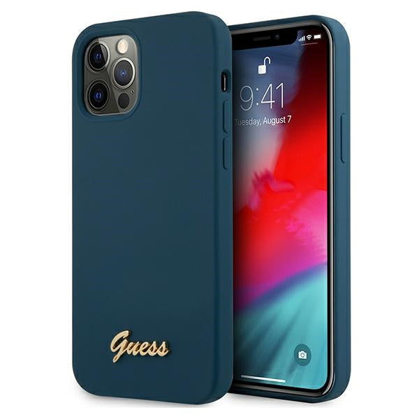 Guess GUHCP12LLSLMGBL iPhone 12 Pro Max 6.7" mėlynas/mėlynas kietas dėklas metalinis logotipas užrašas