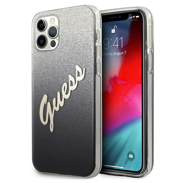 Guess GUHCP12LPCUGLSBK iPhone 12 Pro Max 6.7" juodas/juodas kietas dėklas su blizgučiais ir gradientu