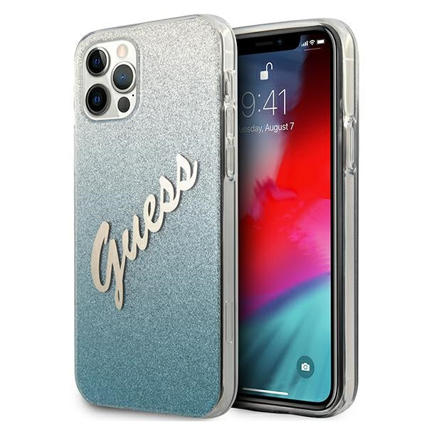 Guess GUHCP12LPCUGLSBL iPhone 12 Pro Max 6.7" mėlynas/mėlynas kietas dėklas su blizgučiais ir gradientu