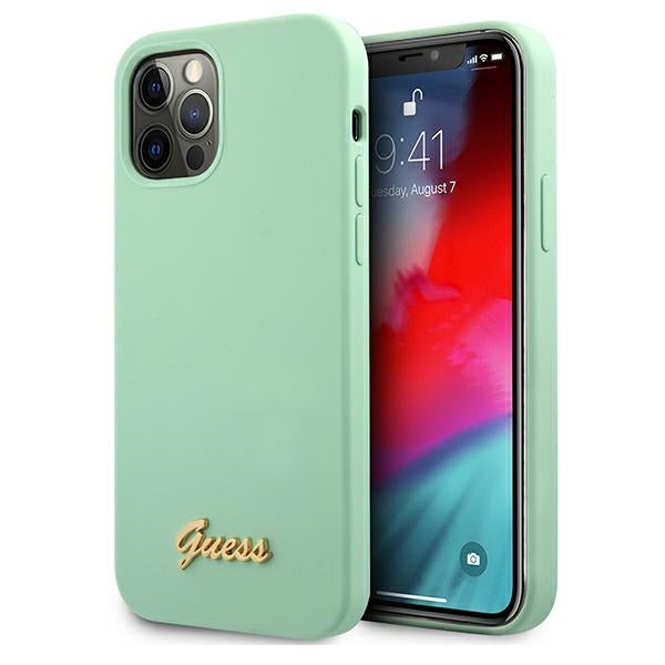 „Guess“ GUHCP12MLSLMGGN iPhone 12/12 Pro 6.1" žalias/žalias kietas dėklas metalinis logotipas su užrašu