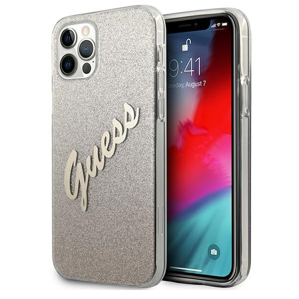 „Guess“ GUHCP12MPCUGLSGO iPhone 12/12 Pro 6.1" auksinis/auksinis kietas dėklas su blizgučiais ir gradientais
