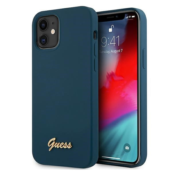 Guess GUHCP12SLSLMGBL iPhone 12 mini 5.4" mėlynas/mėlynas kietas dėklas metalinis logotipas užrašas