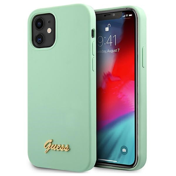 „Guess“ GUHCP12SLSLMGGN „iPhone 12 mini 5.4“ žalias/žalias kietas dėklas su metaliniu logotipu ir užrašu