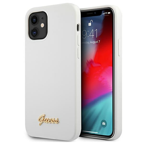 „Guess“ GUHCP12SLSLMGWH iPhone 12 mini 5.4" baltas/baltas kietas dėklas su metaliniu logotipu ir užrašu