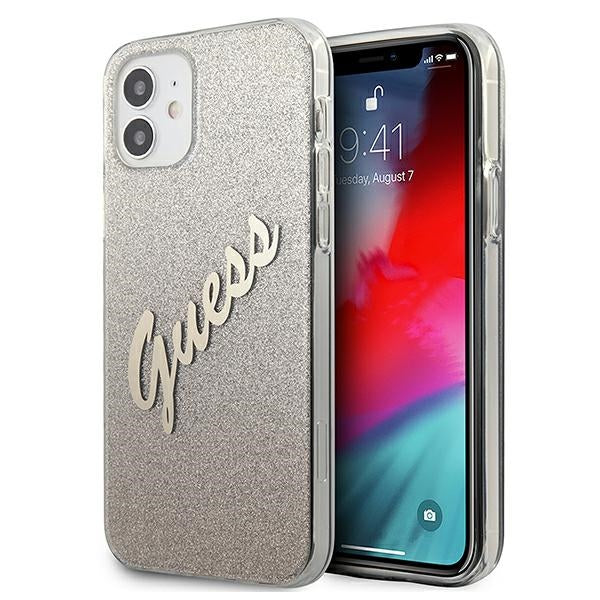 „Guess“ GUHCP12SPCUGLSGO „iPhone 12 mini 5.4“ auksinis/auksinis kietas dėklas su blizgučiais ir gradientu