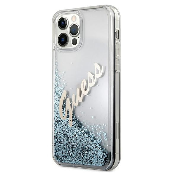 Guess GUHCP12LGLVSBL iPhone 12 Pro Max 6.7" mėlynas/mėlynas kietas dėklas su blizgučiais ir Vintage Script raštu