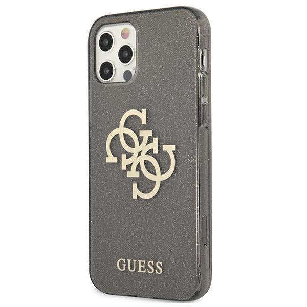 „Guess“ GUHCP12LPCUGL4GBK iPhone 12 Pro Max 6.7" juodas/juodas kietas dėklas su blizgučiais ir dideliu logotipu 4G