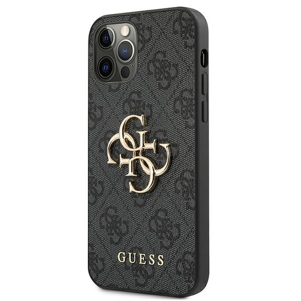 Guess GUHCP12M4GMGGR iPhone 12/12 Pro 6,1" pilkas kietas dėklas 4G su dideliu metaliniu logotipu
