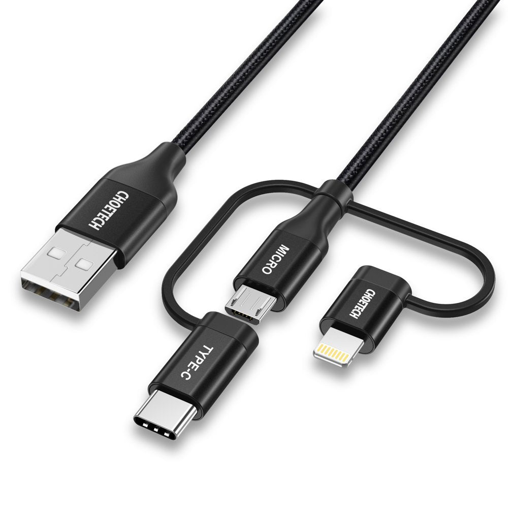 „Choetech 3in1 MFI“ laidas USB - USB C tipo / micro USB / „Lightning“ (įkrovimas 3A / duomenų perdavimas 480 Mbps) 1,2 m juodas (IP0030-BK)