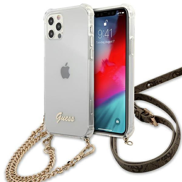 Guess GUHCP12MKC4GSGO iPhone 12/12 Pro 6.1" skaidrus kietas dėklas 4G auksinis grandinėlės formos dėklas
