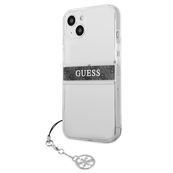 „Guess“ GUHCP13SKB4GGR iPhone 13 mini 5.4" permatomas kietas dėklas 4G pilkas dirželis pakabukas
