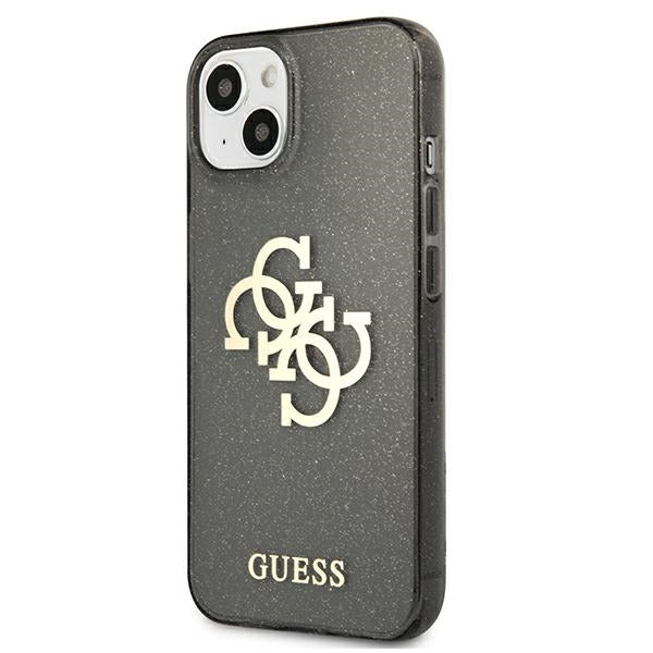 Guess GUHCP13SPCUGL4GBK iPhone 13 mini 5.4" juodas/juodas kietas dėklas su blizgučiais ir dideliu logotipu 4G