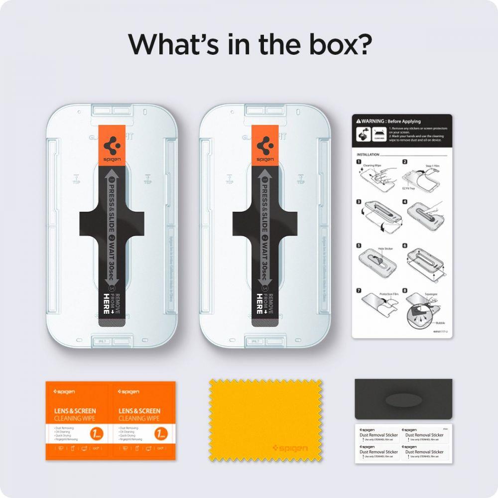 „Spigen Glas.tR EZ Fit“ grūdinto stiklo apsauginis stiklas iPhone 13 / 13 Pro / 14 / 16e – 2 vnt.